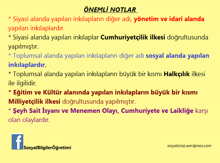 İnkılaplar ile ilgili önemli notlar