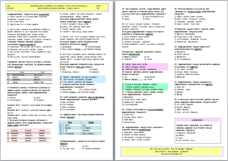 2015-2016 5.Sınıf Sosyal Bilgiler 2.Dönem 2.Yazılı Test