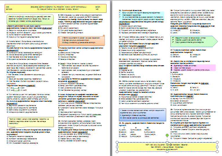 2015-2016 8.Sınıf T.C. İnkılap Tarihi 2.Dönem 2.Yazılı Sınavı Test