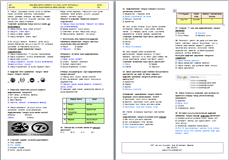 Medya Okuryazarlığı 2.Dönem 2.Yazılı-Test