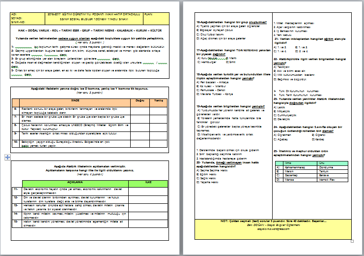 2016-2017 5.Sınıf Sosyal Bilgiler 1.Dönem 1.Yazılı Sınavı