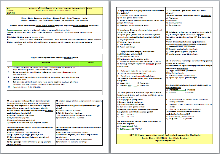 2016-2017 6.Sınıf Sosyal Bilgiler 1.Dönem 1.Yazılı Sınavı