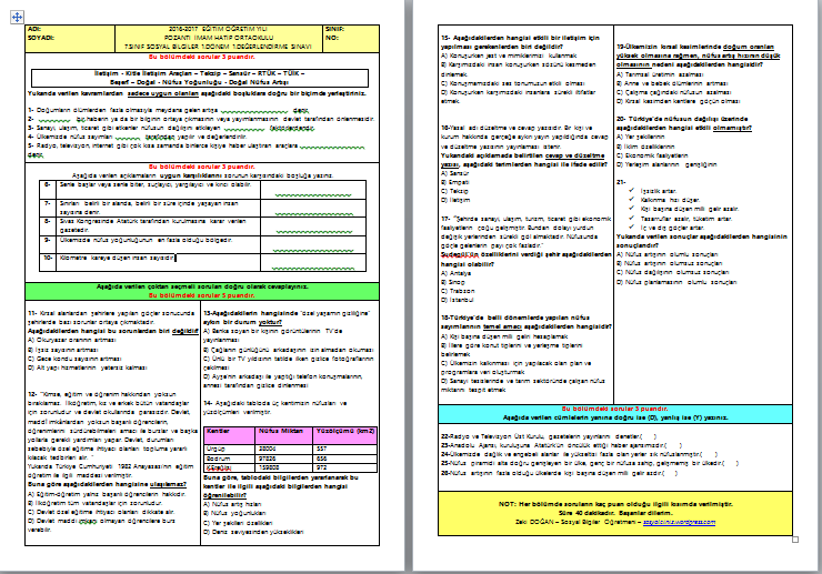 2016-2017 7.Sınıf Sosyal Bilgiler 1.Dönem 1.Yazılı Sınavı