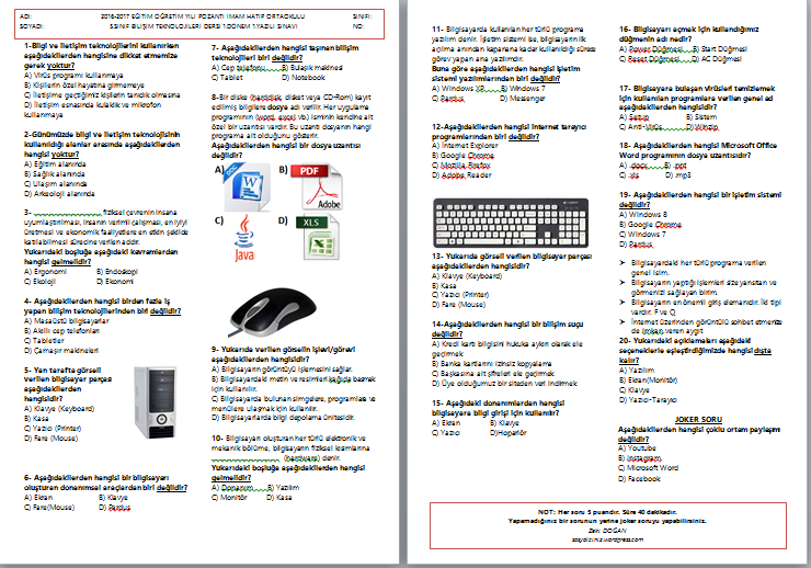 Bilişim Teknolojileri 5.Sınıf 1.Dönem 1.Yazılı Sınavı