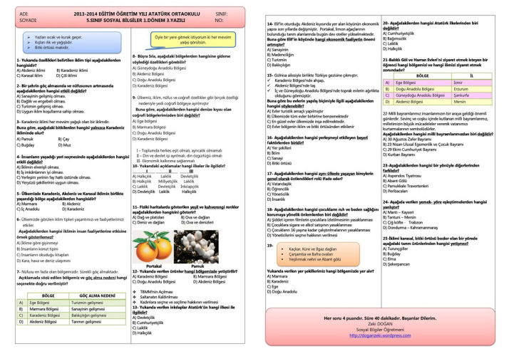 2013-2014 5.Sınıf Sosyal Bilgiler 1.Dönem 3.Yazılı Sınavı