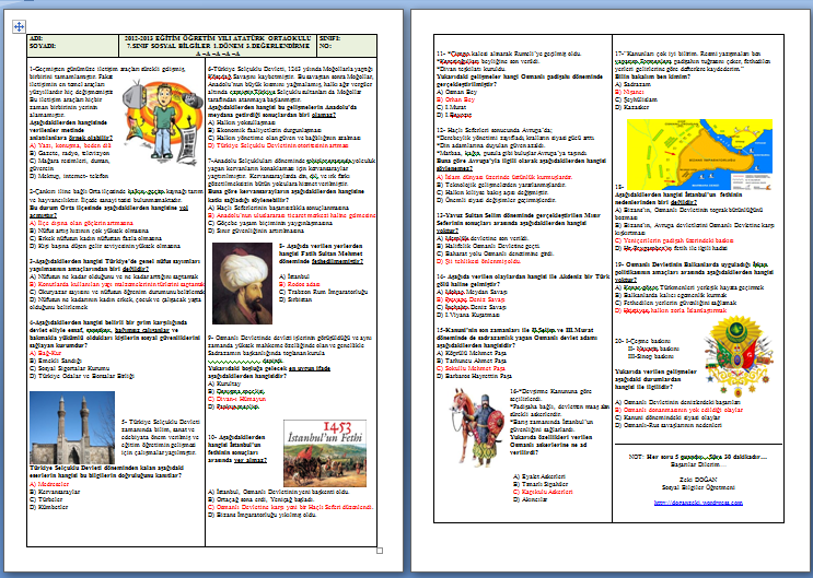 2012-2013 7.Sınıf Sosyal Bilgiler 3.Yazılı-Test