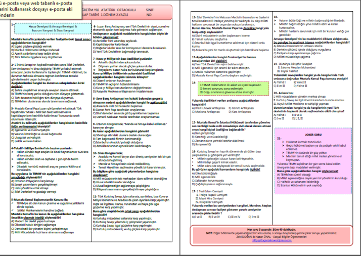 2014-2015 T.C.İnkılap Tarihi 1.Dönem 2.Yazılı Sınavı