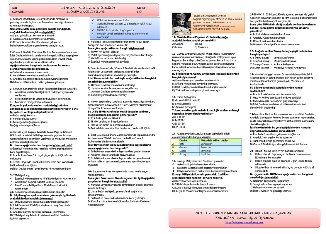 2013-2014 T.C.İnkılap Tarihi 1.Dönem 2.Yazılı Sınavı