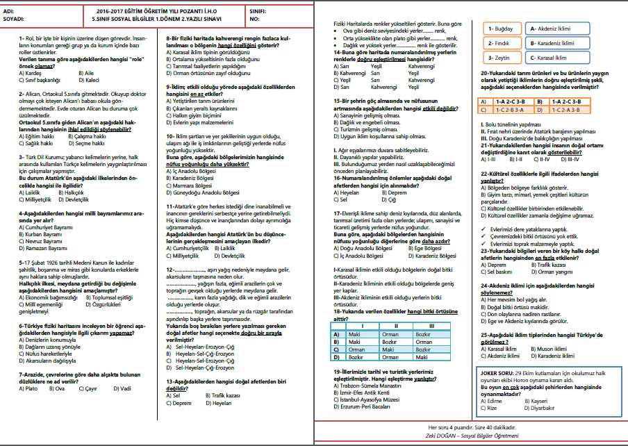2016-2017 5.Sınıf Sosyal Bilgiler 1.Dönem 2.Yazılı Sınavı
