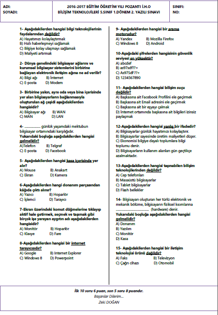 2016-2017 Bilişim Teknolojileri 5.Sınıf 1.Dönem 2.Yazılı Sınavı
