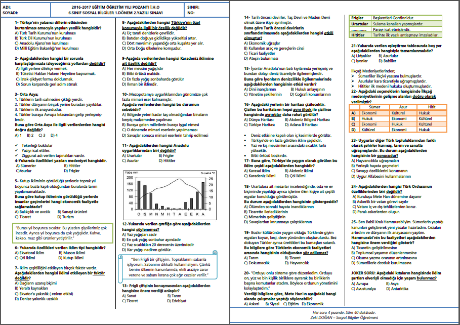 2016-2017 6.Sınıf Sosyal Bilgiler 1.Dönem 2.Yazılı Sınavı