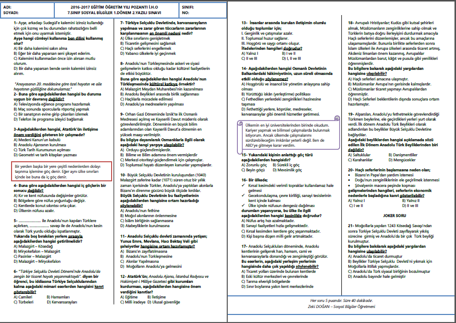 2016-2017 7.Sınıf Sosyal Bilgiler 1.Dönem 2.Yazılı Sınavı
