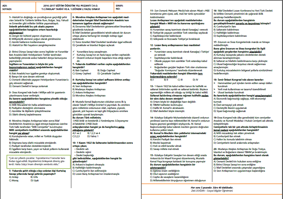 2016-2017 T.C. İnkılap Tarihi 1.Dönem 2.Yazılı sınavı