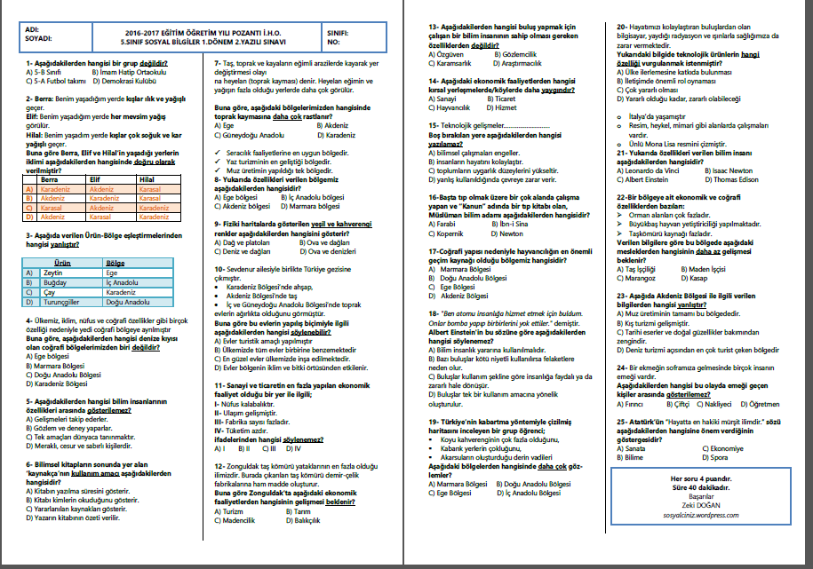 2016-2017 5.Sınıf Sosyal Bilgiler 2.Dönem 1.Yazılı Sınavı-Test