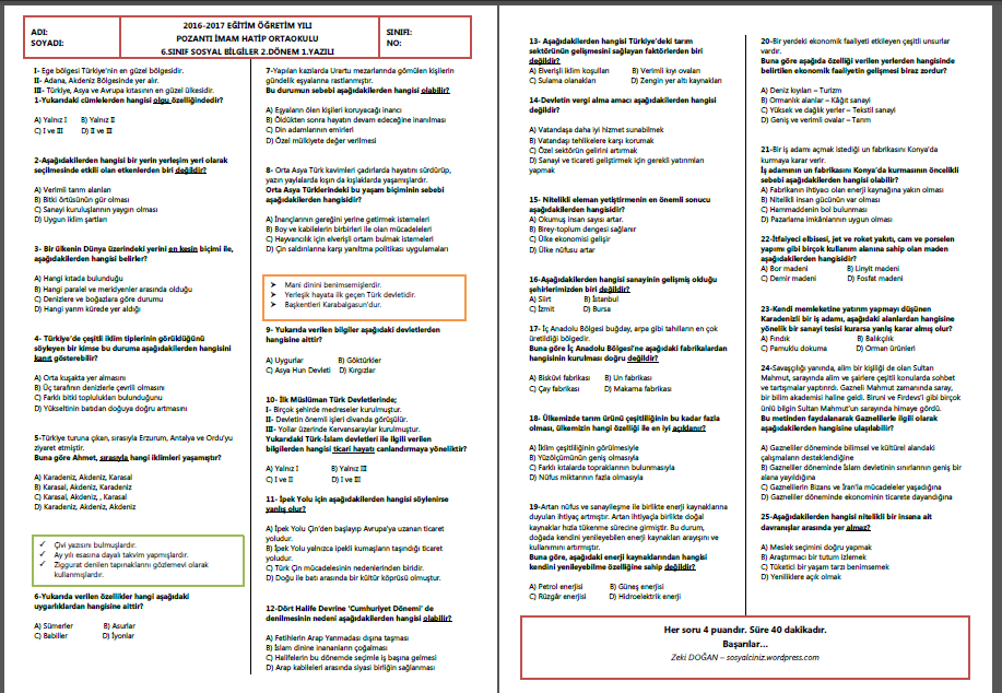 2016-2017 6.Sınıf Sosyal Bilgiler 2.Dönem 1.Yazılı Sınavı-Test