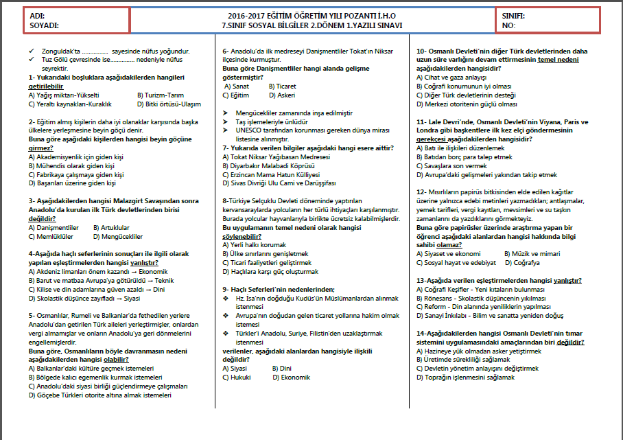 2016-2017 7.Sınıf Sosyal Bilgiler 2.Dönem 1.Yazılı Sınavı-Test