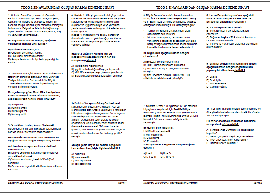 TEOG 2 SINAVLARI-KARMA DENEME SINAVI