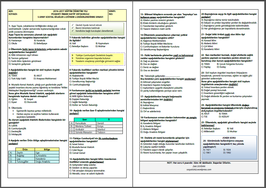 2016-2017 5.Sınıf Sosyal Bilgiler 2.Dönem 2.Yazılı