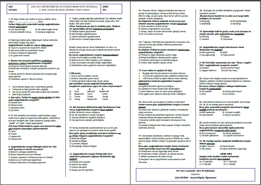 2016-2017 6.Sınıf Sosyal Bilgiler 2.Dönem 2.Yazılı