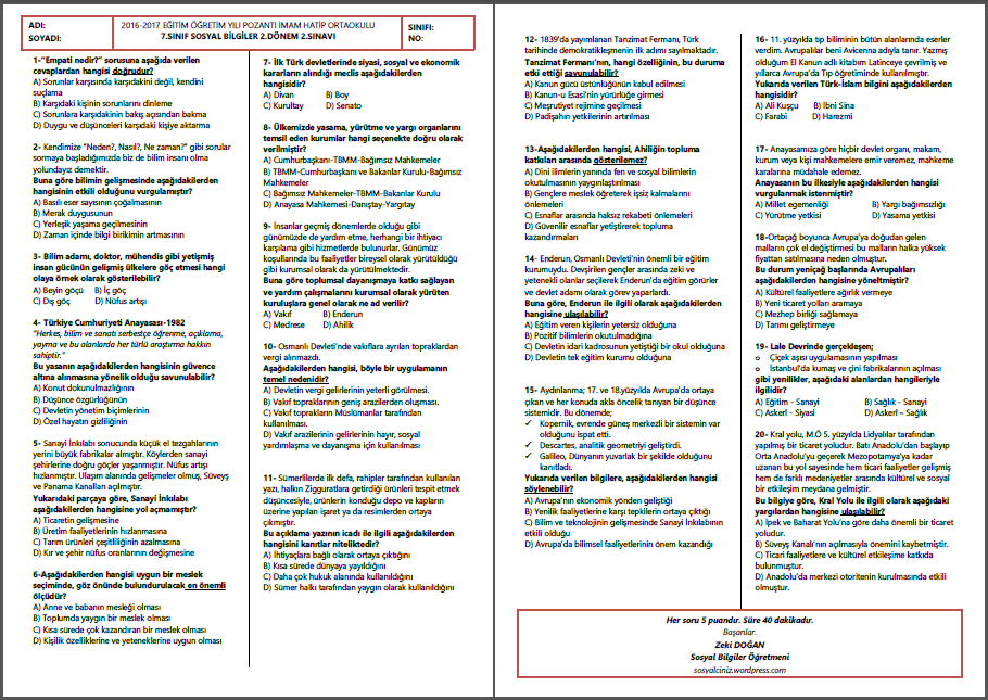 2016-2017 7.Sınıf Sosyal Bilgiler 2.Dönem 2.Yazılı