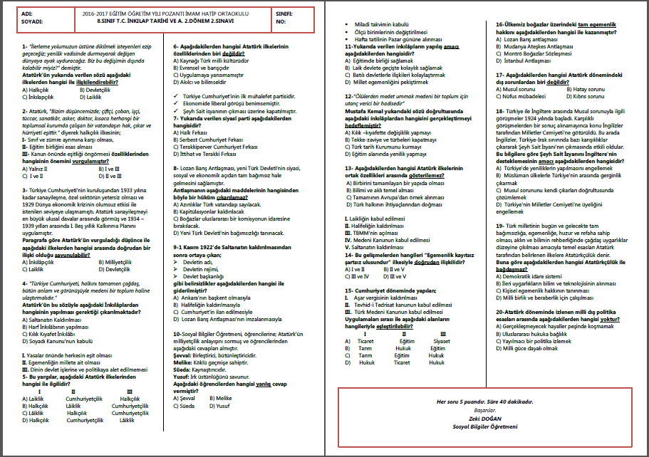 2016-2017 T.C.İnkılap Tarihi 2.Dönem 2.Yazılı Sınavı