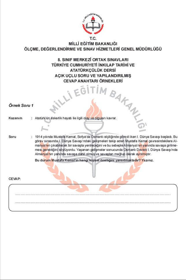 8. SINIFLAR MERKEZÎ ORTAK SINAVLARINDA UYGULANACAK AÇIK UÇLU SORULAR