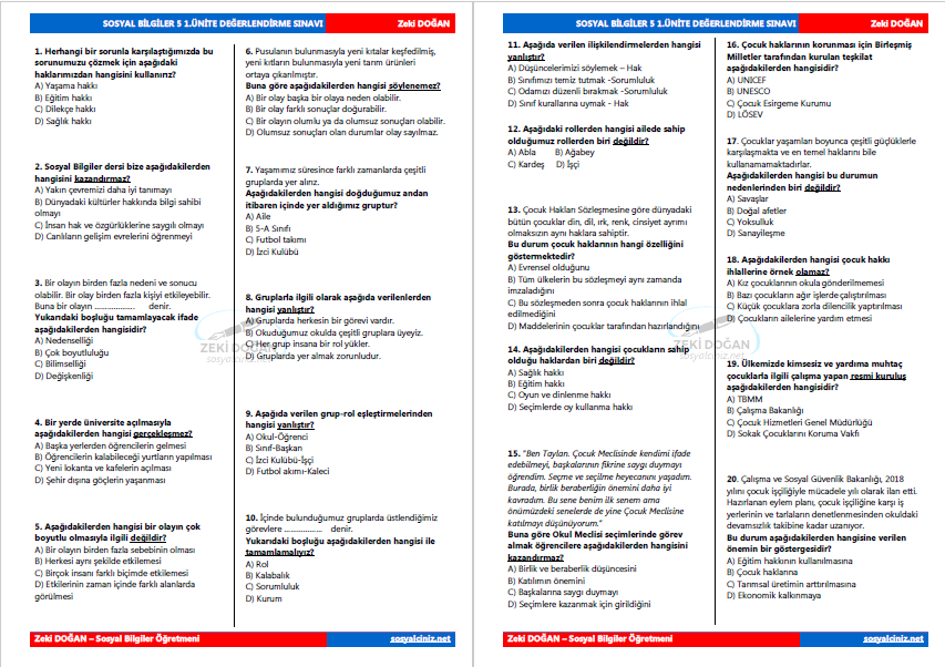 5. Sınıf Sosyal Bilgiler 1. Ünite Değerlendirme Sınavı