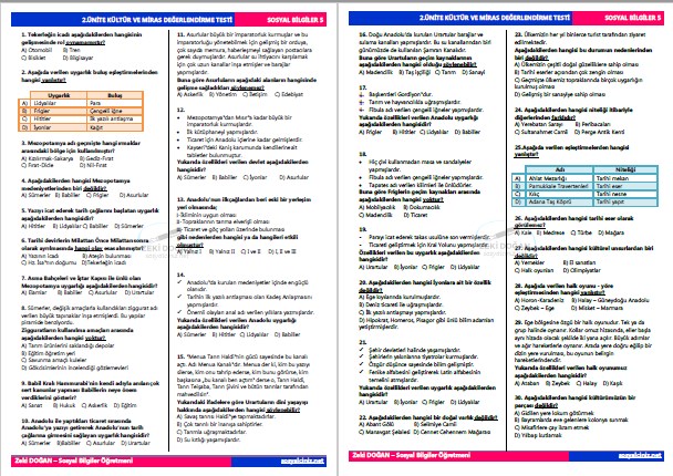5.Sınıf Sosyal Bilgiler Kültür ve Miras Test Soruları