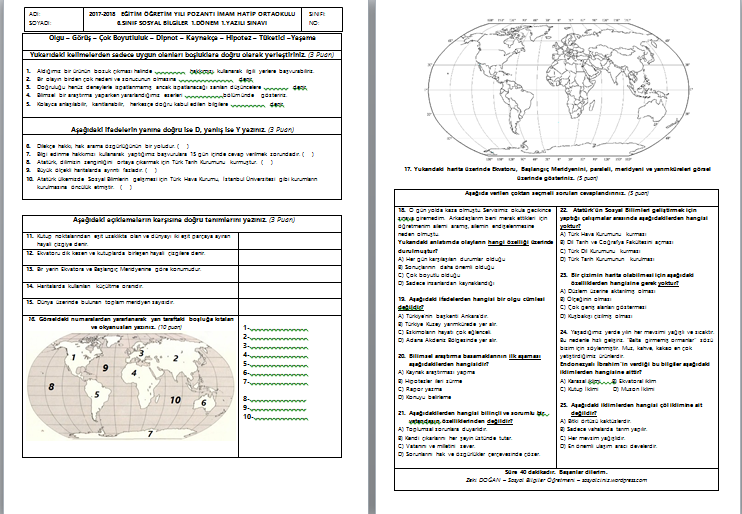 2017-2018 Sosyal Bilgiler 6 1.Dönem 1.Yazılı Sınavı