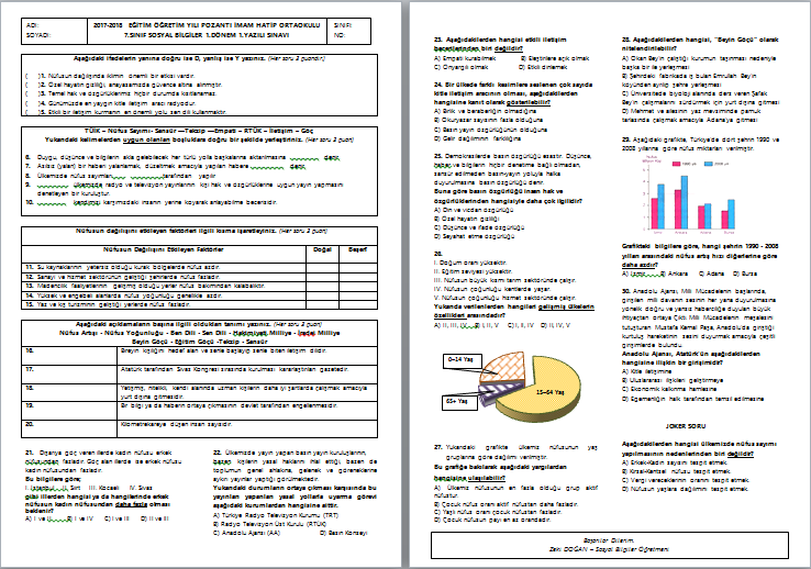 2017-2018 Sosyal Bilgiler 7 1.Dönem 1.Yazılı Sınavı