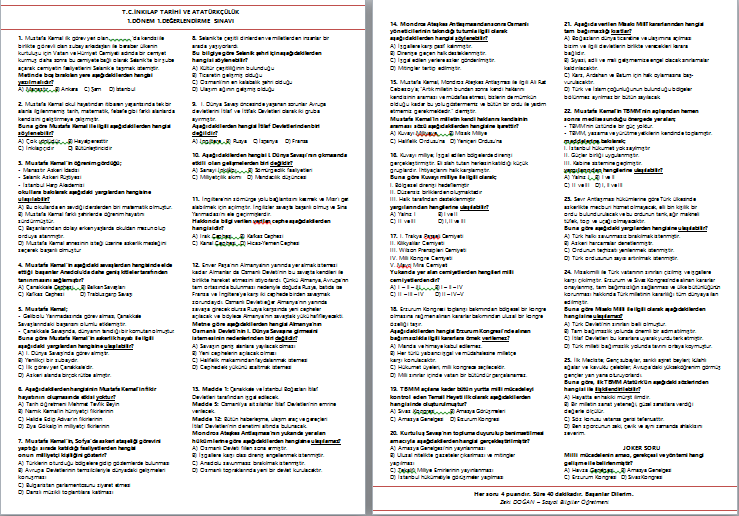 2017-2018 T.C. İnkılap Tarihi 1.Dönem 1.Yazılı Sınavı