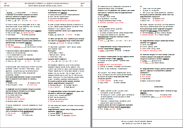 2017-2018 Sosyal Bilgiler 5 1.Dönem 2.Yazılı Sınavı
