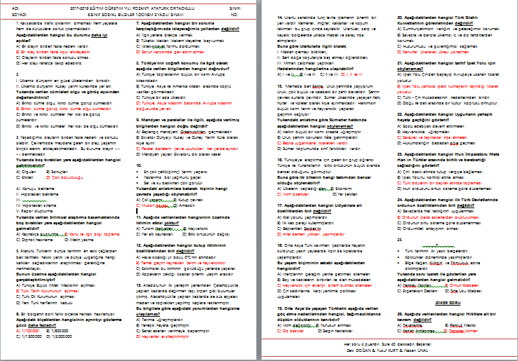 2017-2018 Sosyal Bilgiler 6 1.Dönem 2.Yazılı Sınavı