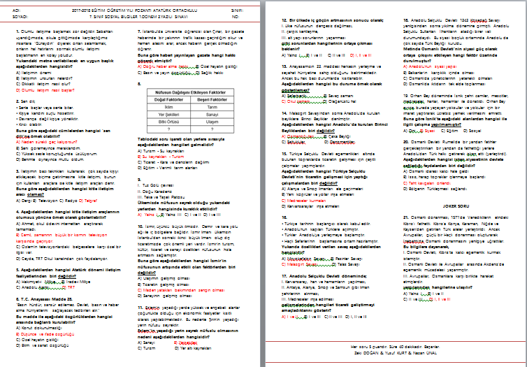 2017-2018 Sosyal Bilgiler 7 1.Dönem 2.Yazılı Sınavı