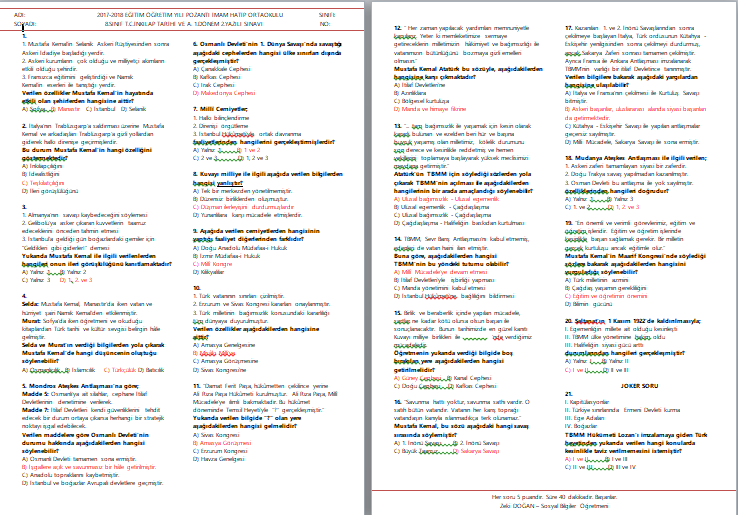 2017-2018 T.C.İnkılap Tarihi ve A. 1.Dönem 2.Yazılı Sınavı