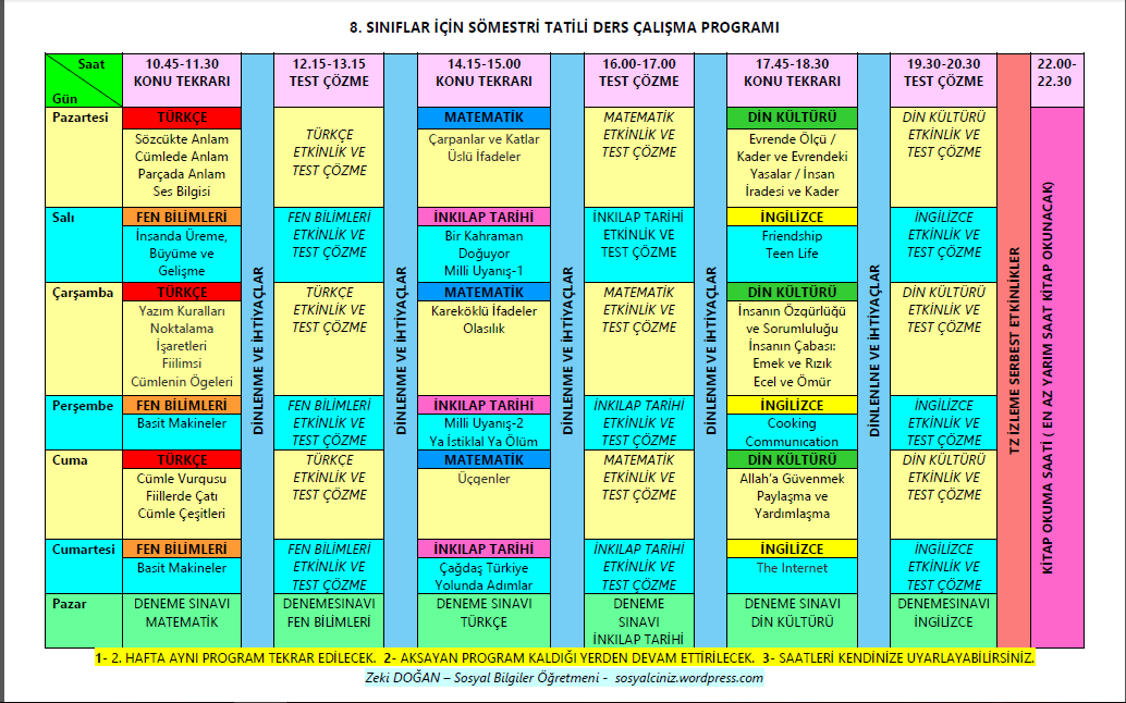 Liselere Hazırlık Yarıyıl Ders Çalışma Programı