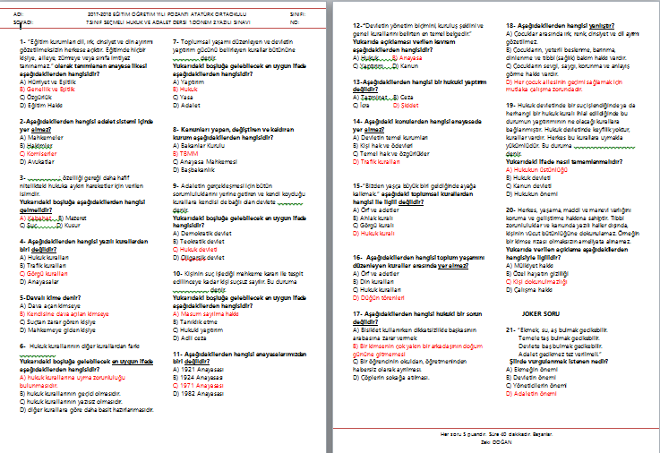 2017-2018 Hukuk ve Adalet Dersi 1.Dönem 2.Yazılı Sınavı