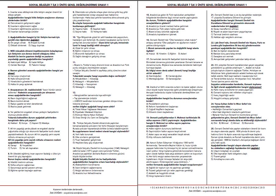 Sosyal Bilgiler 7 İlk 3 Ünite Genel Değerlendirme