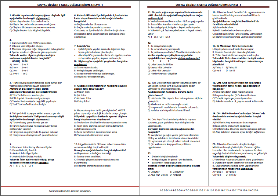 Sosyal Bilgiler 6 İlk 3 Ünite Genel Değerlendirme Sınavı