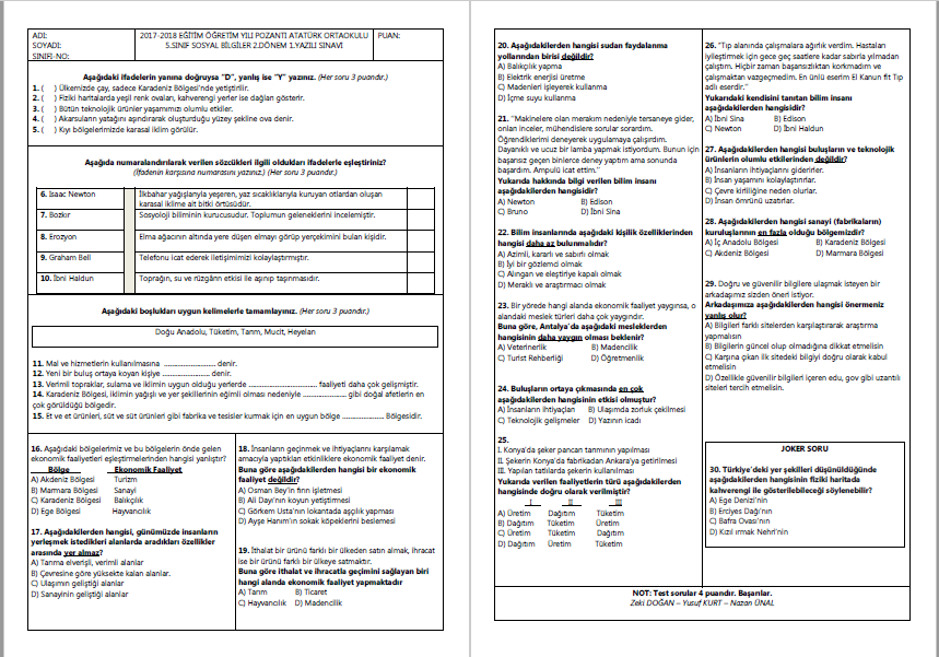 2017-2018 5.Sınıf Sosyal Bilgiler 2.Dönem 1.Yazılı Sınavı
