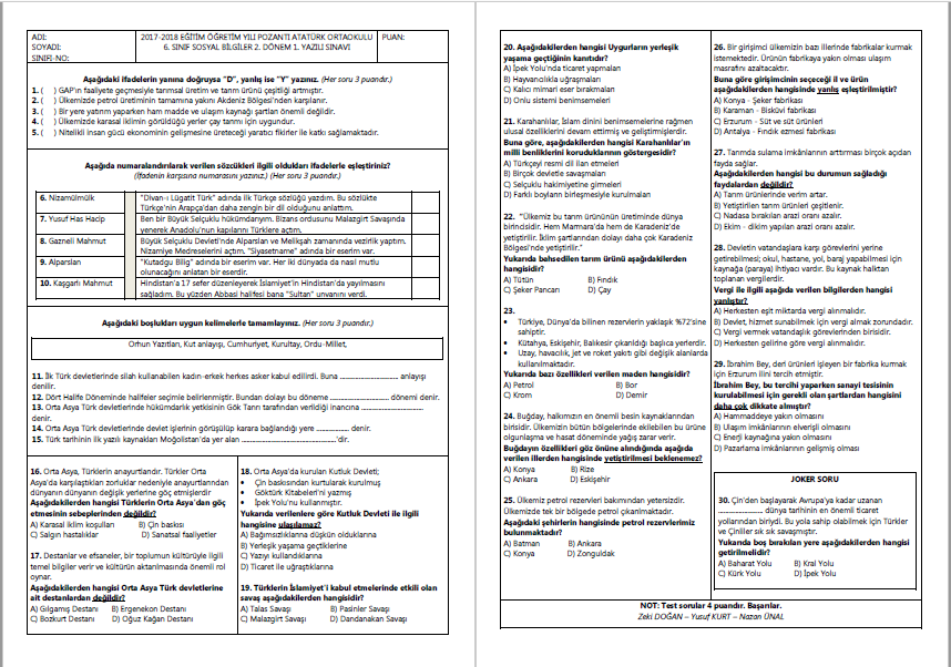 2017-2018 6.Sınıf Sosyal Bilgiler 2.Dönem 1.Yazılı Sınavı