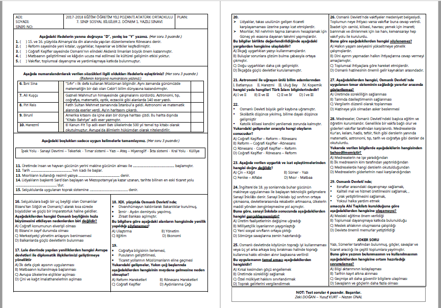 2017-2018 7.Sınıf Sosyal Bilgiler 2.Dönem 1.Yazılı Sınavı