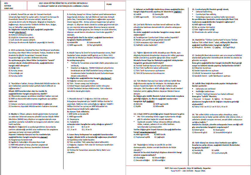 2017-2018 8.Sınıf T.C. İnkılap Tarihi 2.Dönem 1.Yazılı Sınavı