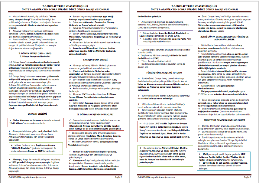 ÜNİTE 7: ATATÜRK’TEN SONRA TÜRKİYE: İKİNCİ DÜNYA SAVAŞI VE SONRASI
