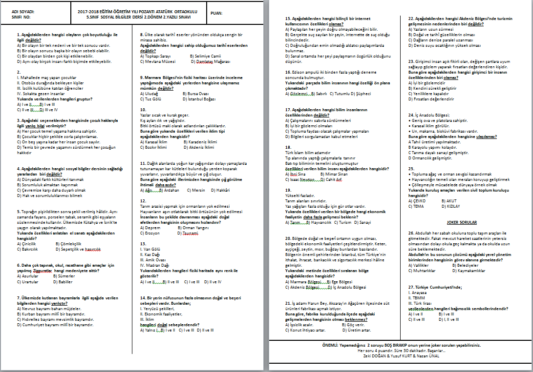 2017-2018 Sosyal Bilgiler 5 2.Dönem 2.Yazılı