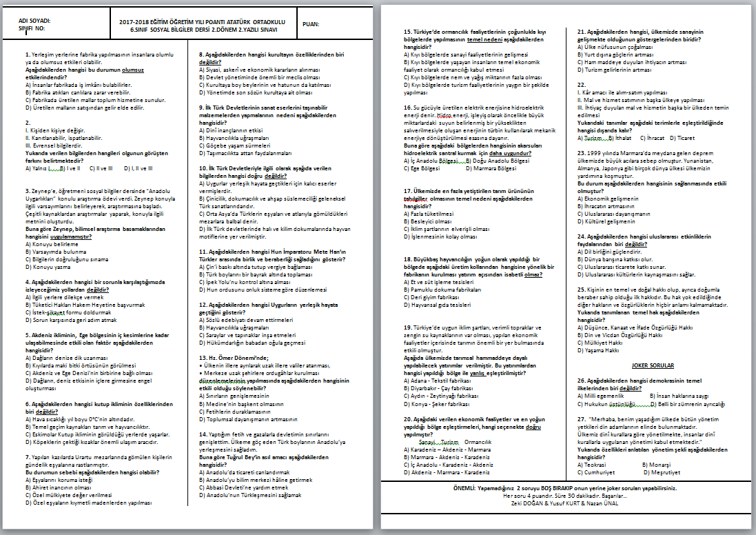 2017-2018 Sosyal Bilgiler 6 2.Dönem 2.Yazılı