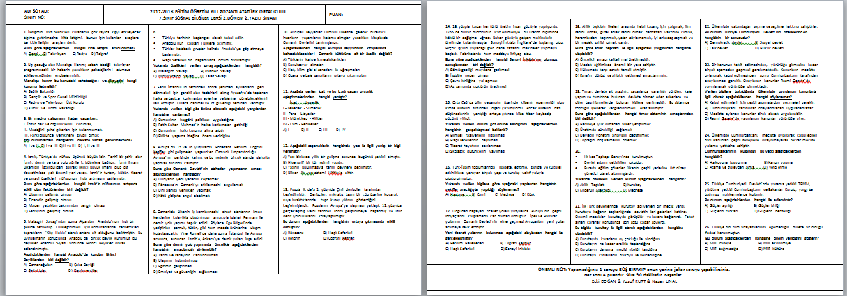 2017-2018 Sosyal Bilgiler 7 2.Dönem 2.Yazılı