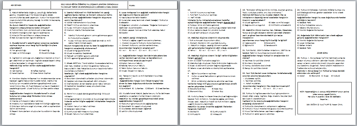 2017-2018 T.C. İnkılap Tarihi 2.Dönem 2.Yazılı