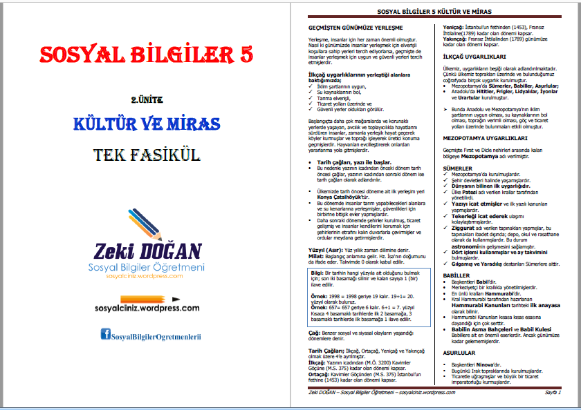 5. Sınıf Sosyal Bilgiler Kültür ve Miras Ünitesi Ders Notları Tek Fasikül