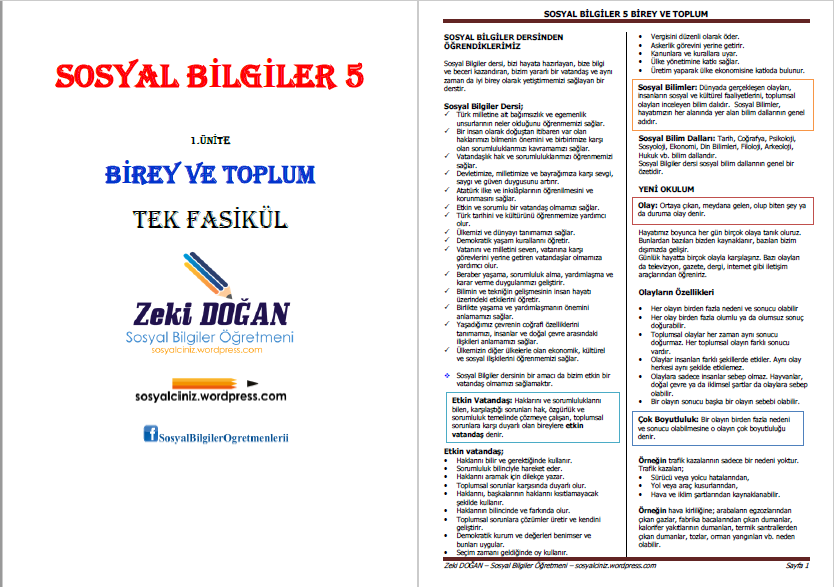 5. Sınıf Sosyal Bilgiler Birey ve Toplum Ünitesi Tek Fasikül